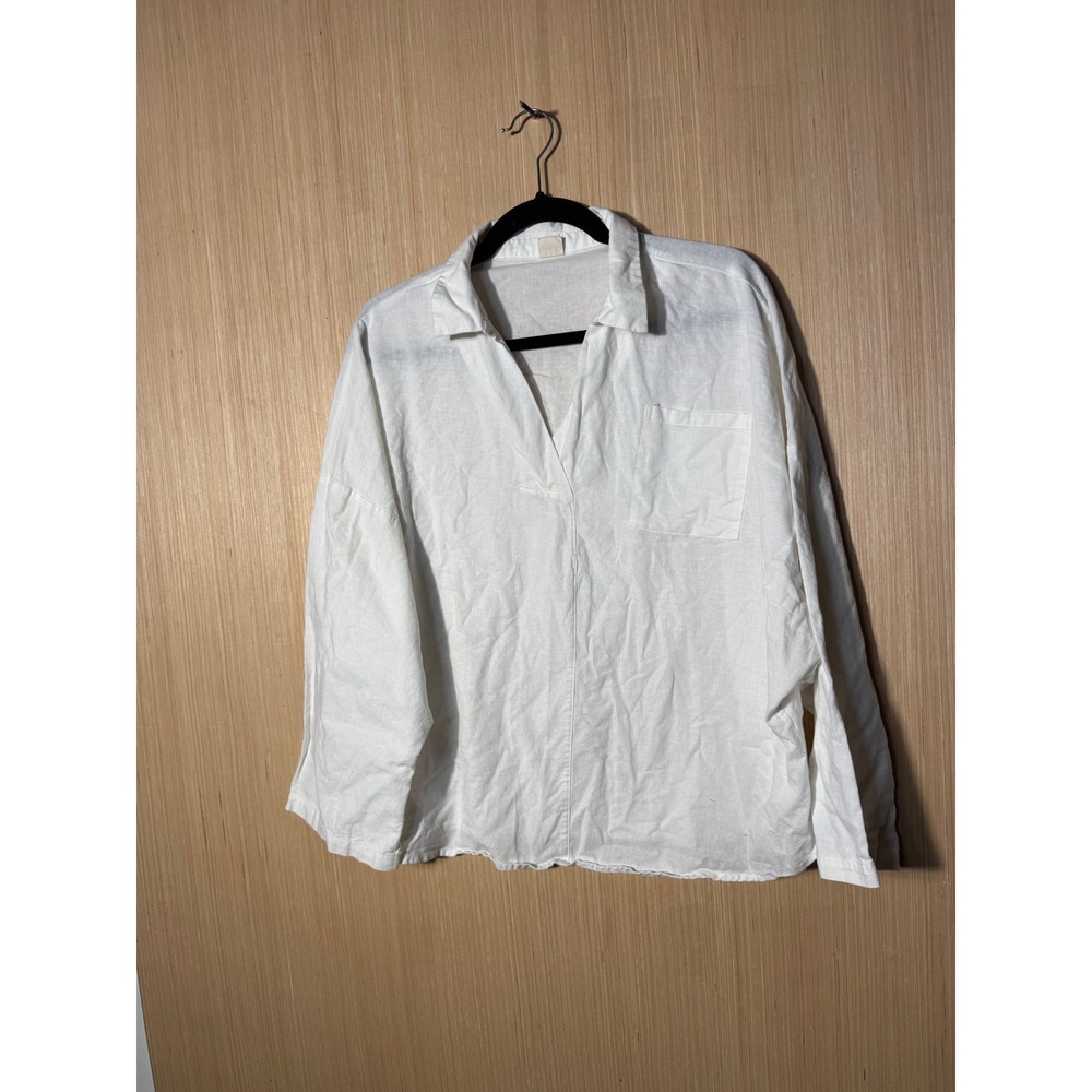 LINTICO Womens XL White Linen Cotton V-Neck Pullover Long Sleeve Blouse Top